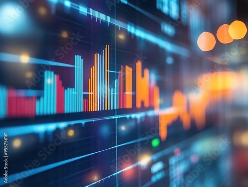 Economic growth represented by graphs and charts on a screen, optimistic style, sharp focus, bright lighting, high detail