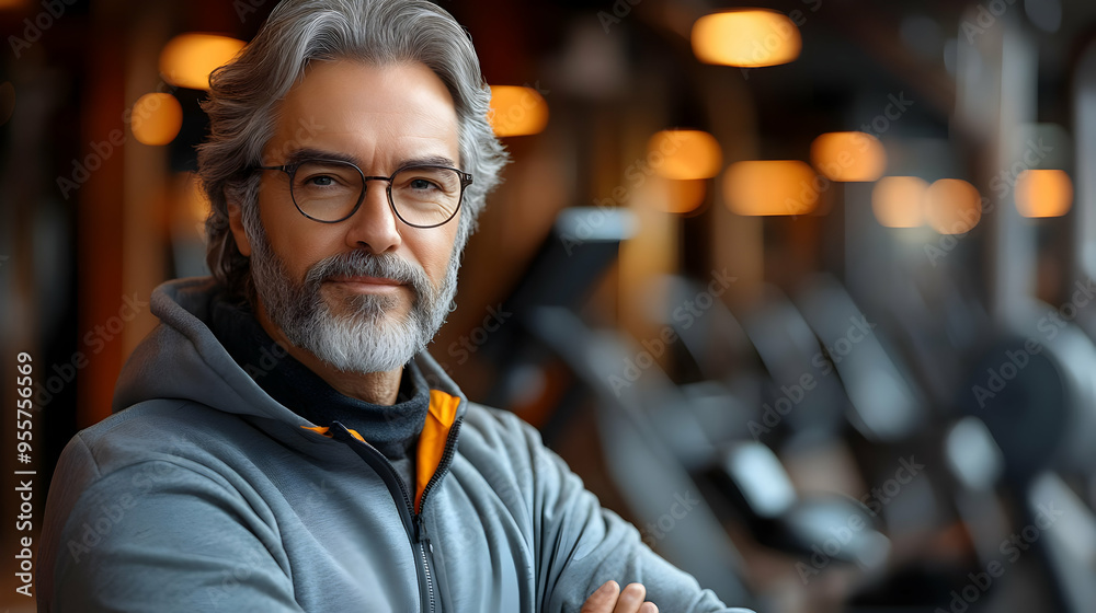Mature man in gym attire, smiling confidently in fitness center. Mature man in gym attire, smiling confidently in fitness center.