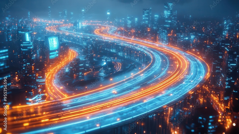 aerial view of futuristic racetrack glowing at night neon blue track winds through ultramodern cityscape holographic displays show race stats sleek hightech atmosphere aerial view of futuristic racetrack glowing at night neon blue track winds through ultramodern cityscape holographic displays show race stats sleek hightech atmosphere