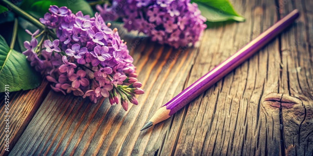 A bright lilac pencil is placed on a vintage-inspired wooden desk, high-angle view, nostalgic and sentimental mood, a realistic photo image. A bright lilac pencil is placed on a vintage-inspired wooden desk, high-angle view, nostalgic and sentimental mood, a realistic photo image.