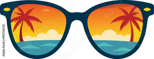 An eye-catching, high-resolution illustration of a pair of retro-inspired sunglasses, with the lenses reflecting a stunning beach scene. 