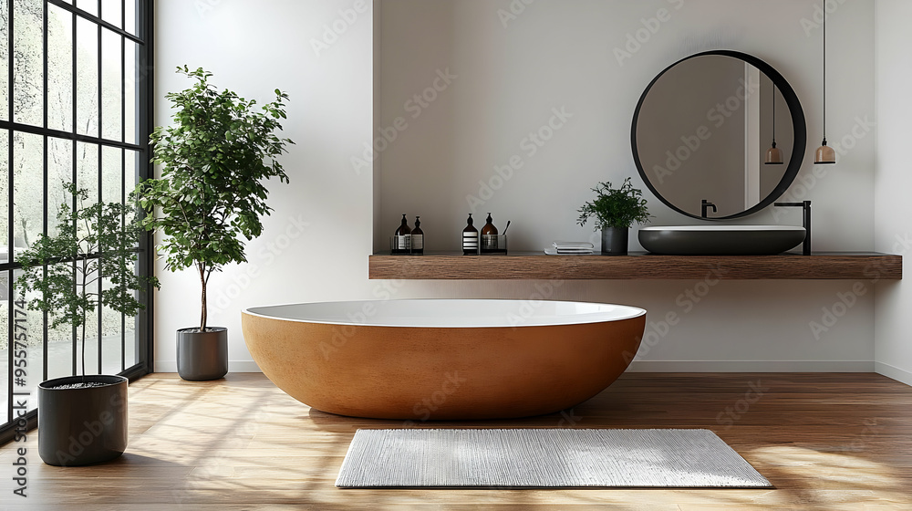 Modern bathroom design featuring a large bathtub and minimalist decor. Modern bathroom design featuring a large bathtub and minimalist decor.