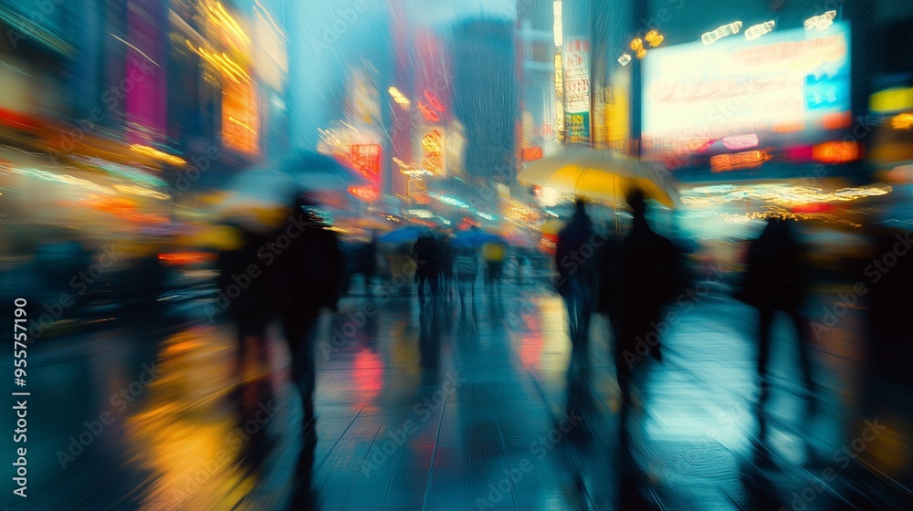 Crowd of people with umbrellas walking in Times Square during a rainy evening, illuminated by vibrant city lights and neon signs Crowd of people with umbrellas walking in Times Square during a rainy evening, illuminated by vibrant city lights and neon signs