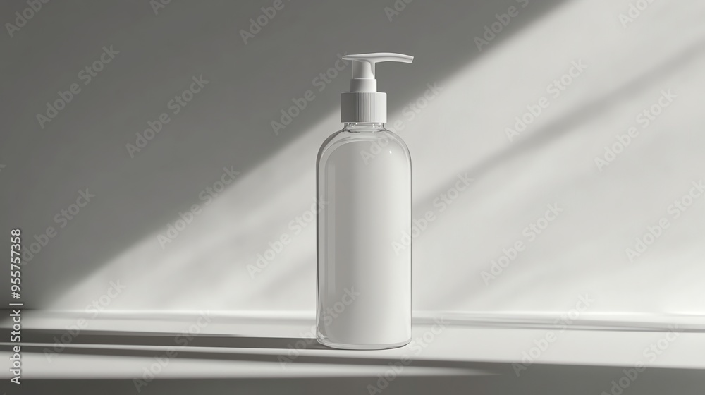 White Pump Bottle with Clear Liquid on White Surface with Shadows White Pump Bottle with Clear Liquid on White Surface with Shadows