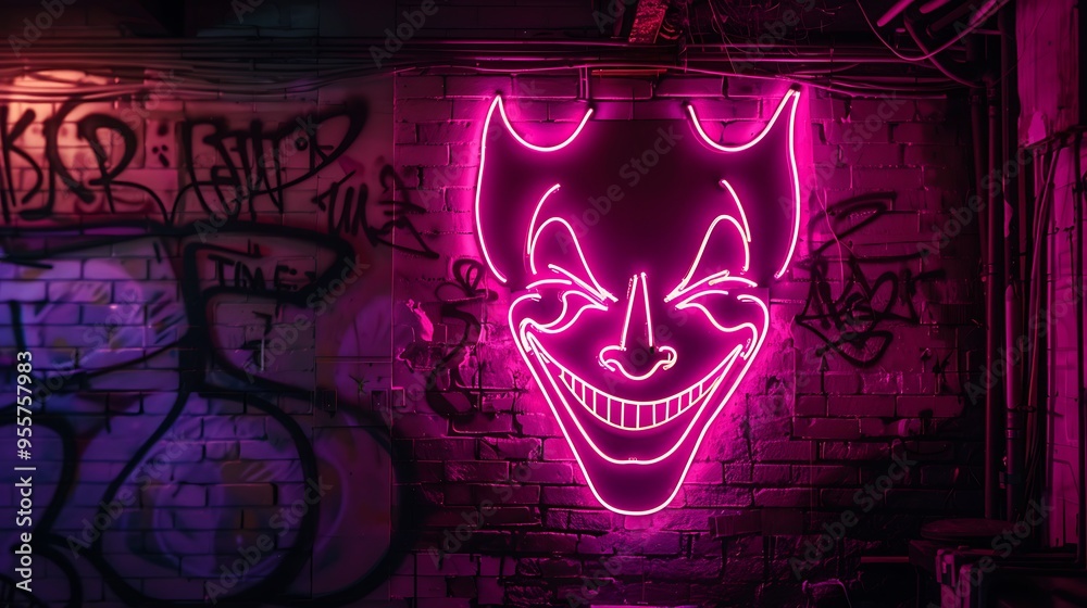 Fototapeta premium A pink neon face glowing against a brick wall, capturing the edgy and playful vibe of a Joker-themed club