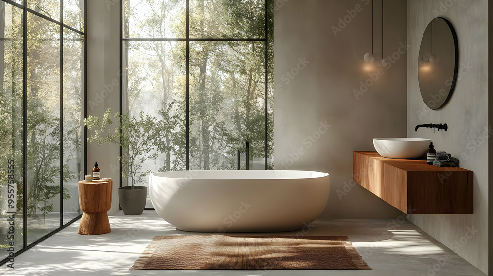 Modern bathroom with a freestanding tub and natural light. Modern bathroom with a freestanding tub and natural light.