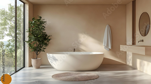 Modern bathroom with a freestanding tub and natural light.