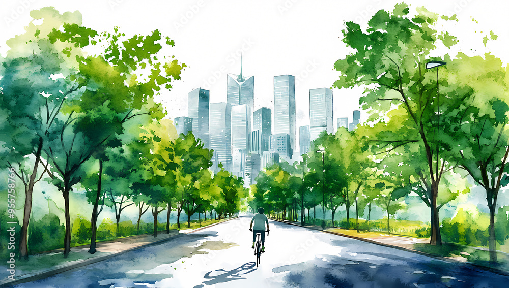 Fototapeta premium Serene Watercolor Skyline with a Person Riding a Bicycle