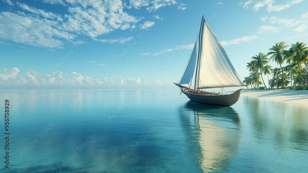 Fototapeta premium Tranquil Voyage: Sailboat on a Serene Sea