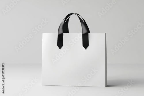 Blank white paper gift bag with black silk handle, isolated 3D mockup - retail, packaging, branding