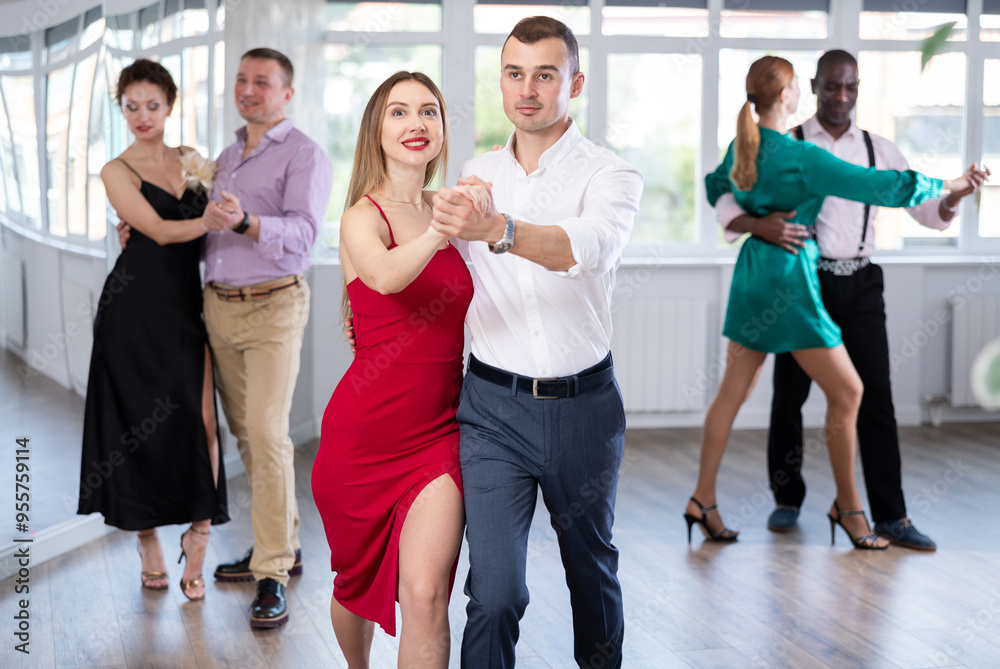 Obraz premium Dance studio - a group of beautifully dressed people learn to dance tango