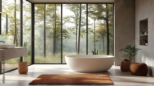 Modern bathroom with large windows overlooking a serene forest.