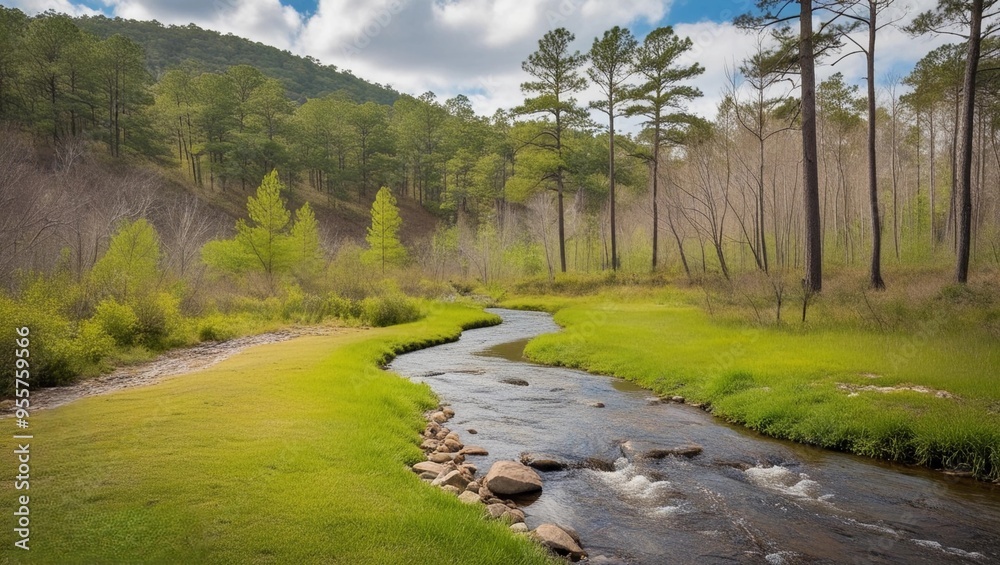 Serene Forest Stream with Lush Greenery and Rolling Hills
Serene Forest Stream with Lush Greenery and Rolling Hills