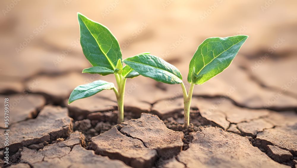 Resilient seedlings emerging through cracked soil, symbolizing hope and growth