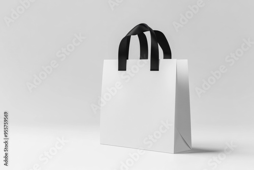 Blank white paper gift bag with black silk handle, isolated 3D mockup - retail, packaging, branding