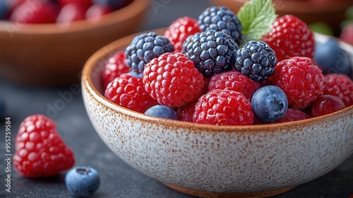 artfully arranged dessert bowls featuring vibrant red and blue berries crisp white ceramic contrasts with colorful fruits emphasis on texture and complementary colors