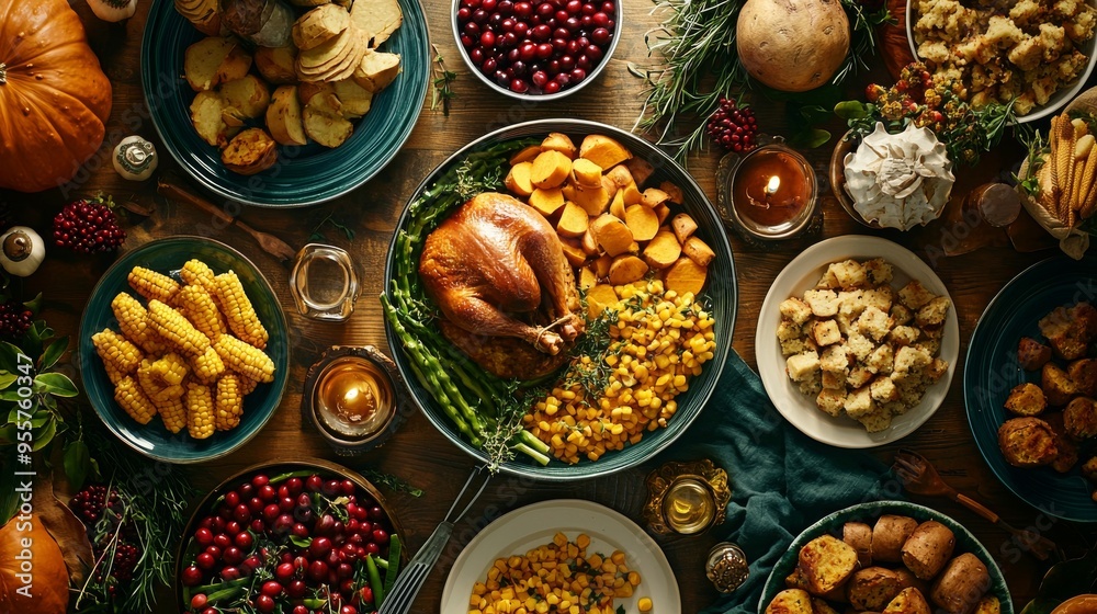 Thanksgiving Dinner Table Food Top View Roasted Turkey Sweet Potatoes Cornbread Cranberry Sauce Thanksgiving Dinner Table Food Top View Roasted Turkey Sweet Potatoes Cornbread Cranberry Sauce