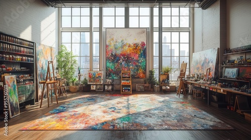 artists loft studio with easels paintsplattered floor large windows overlooking cityscape warm afternoon light streaming in photo