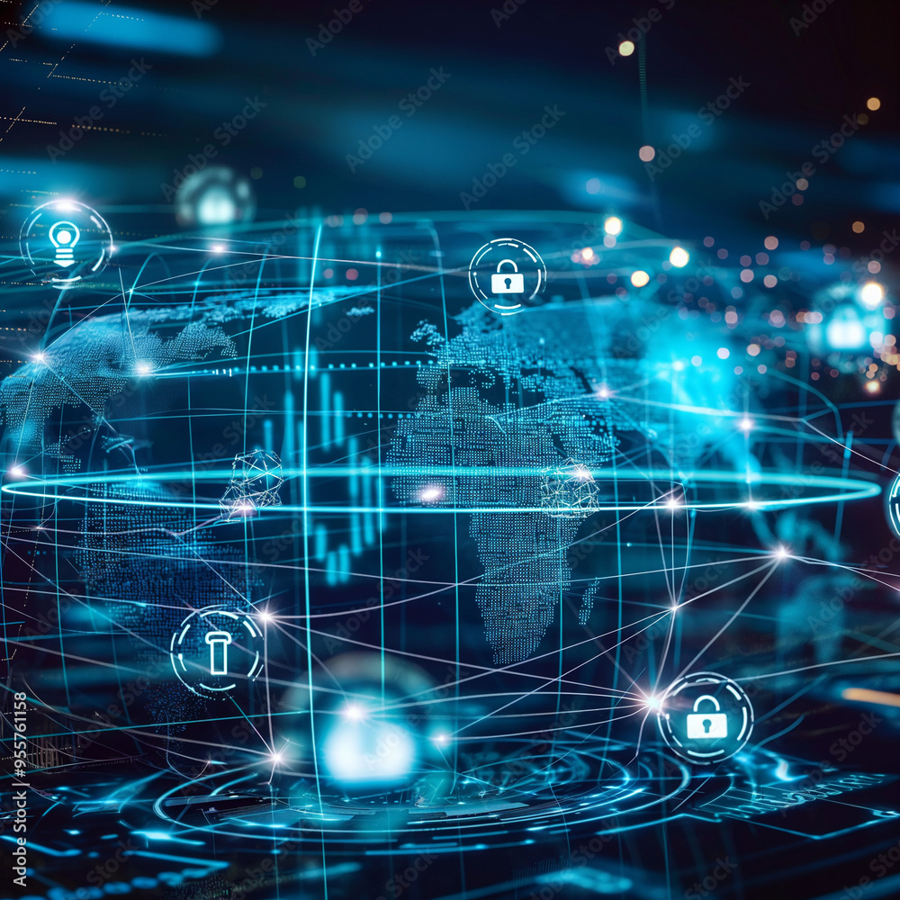 energy of realms Futuristic digital landscape concept with glowing padlocks symbols depicting cybersecurity over a network grid.
energy of realms Futuristic digital landscape concept with glowing padlocks symbols depicting cybersecurity over a network grid.