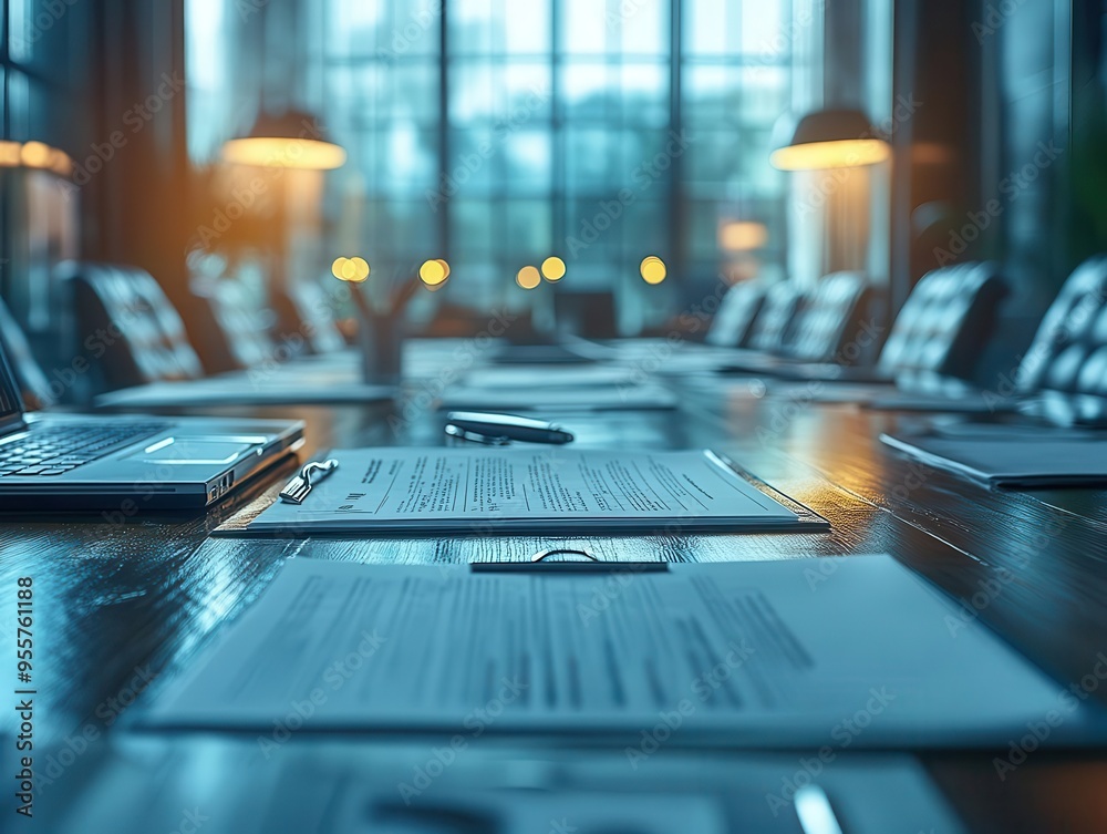 Negotiation table with documents and laptops, serious style, close-up, sharp focus, soft lighting Negotiation table with documents and laptops, serious style, close-up, sharp focus, soft lighting