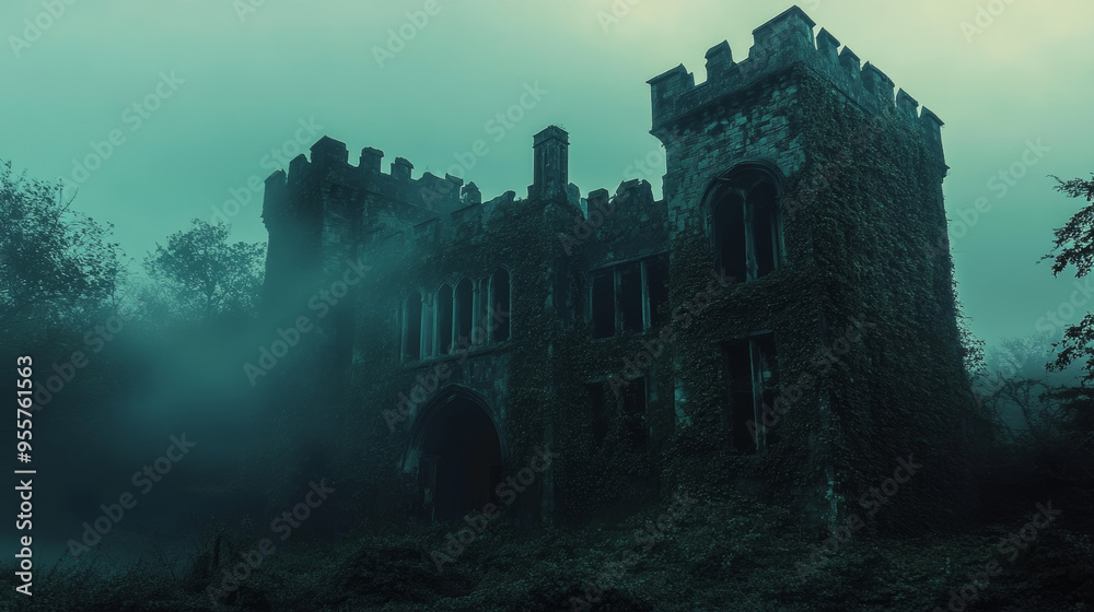 A crumbling, haunted castle looms in a foggy forest under a dark sky, with glowing windows adding to the eerie and foreboding Halloween scene.
A crumbling, haunted castle looms in a foggy forest under a dark sky, with glowing windows adding to the eerie and foreboding Halloween scene.
