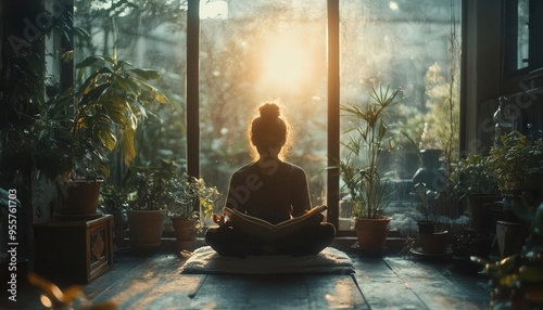 Personal growth with a person meditating or reading, introspective style, sharp focus, soft lighting, high detail