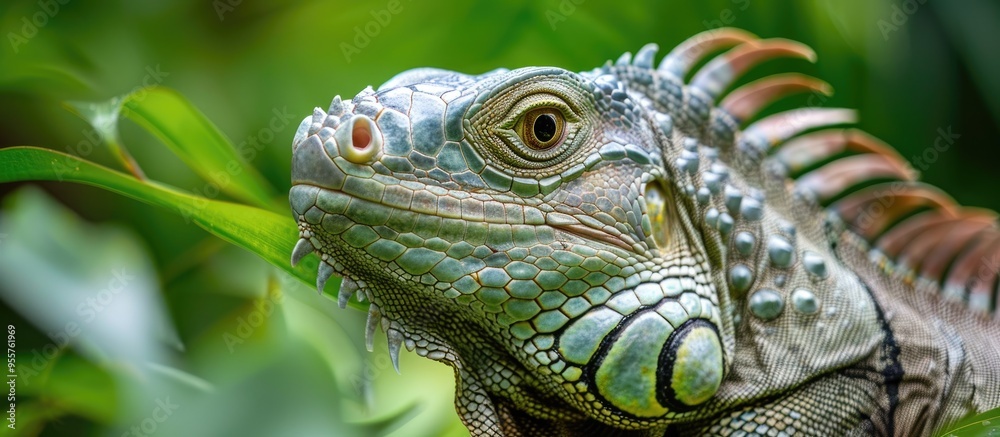 Fototapeta premium A Large Green Iguana Up Close Large Green Iguana On A Green Background