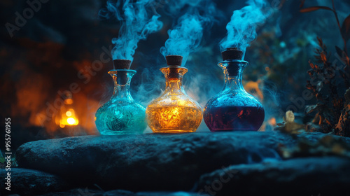 Three glowing potion bottles emit colorful smoke, creating a mystical and magical atmosphere on a stone surface. 