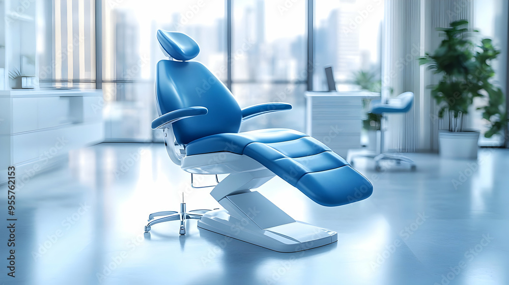 Modern dental chair in a bright, professional clinic setting. Modern dental chair in a bright, professional clinic setting.
