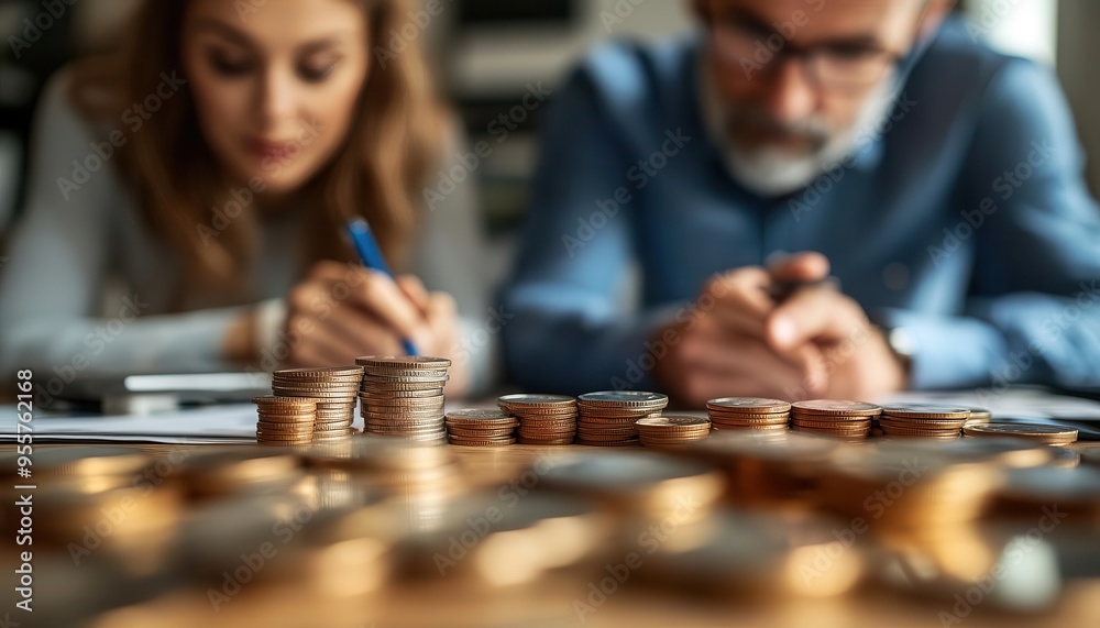 Retirement savings being reviewed by a financial advisor and clients, organized style, sharp focus, soft lighting, high detail Retirement savings being reviewed by a financial advisor and clients, organized style, sharp focus, soft lighting, high detail