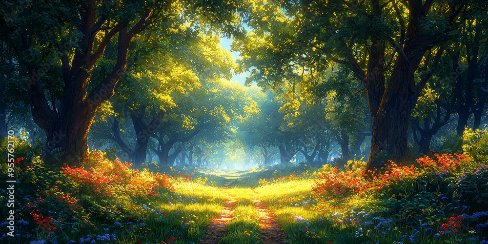 A sunlit path through a lush forest, a magical scene of nature.