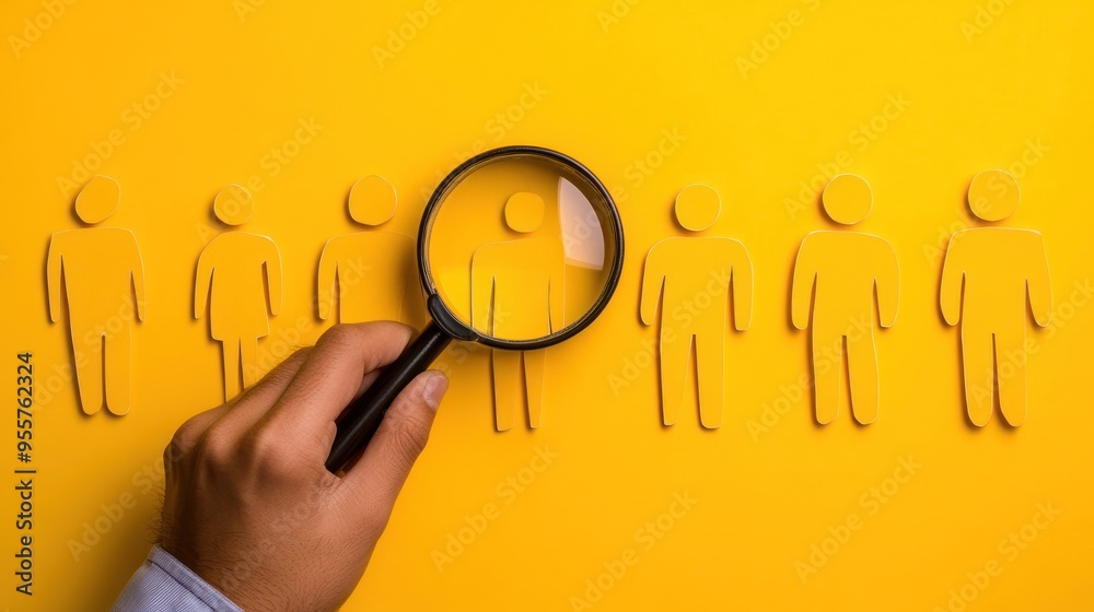 A person is holding a magnifying glass over a group of people A person is holding a magnifying glass over a group of people