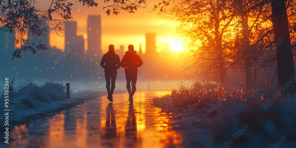 Fototapeta premium Two friends enjoy a run together as the sun sets over a snowy cityscape.