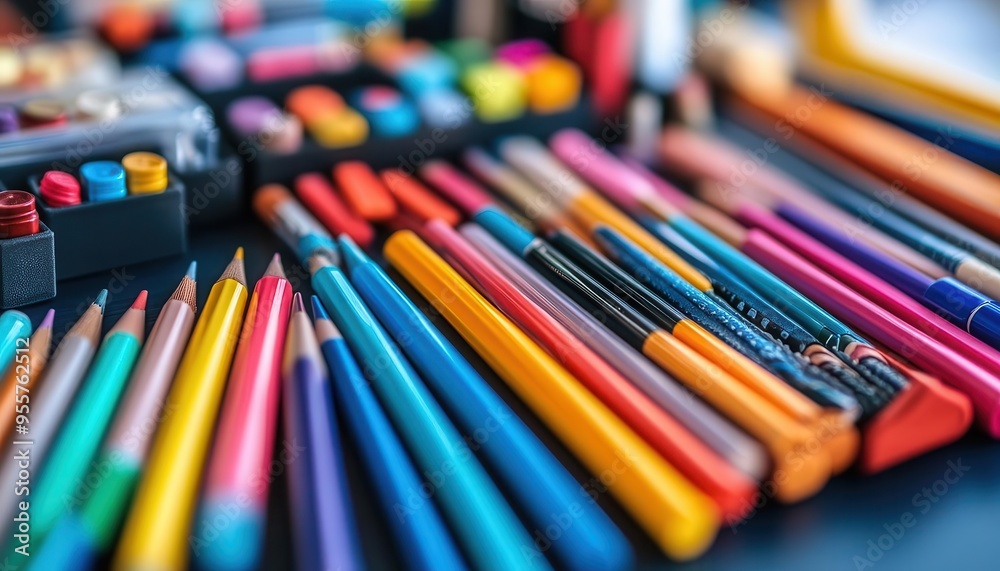 School supplies arranged neatly on a desk, organized style, close-up, sharp focus, vibrant colors School supplies arranged neatly on a desk, organized style, close-up, sharp focus, vibrant colors