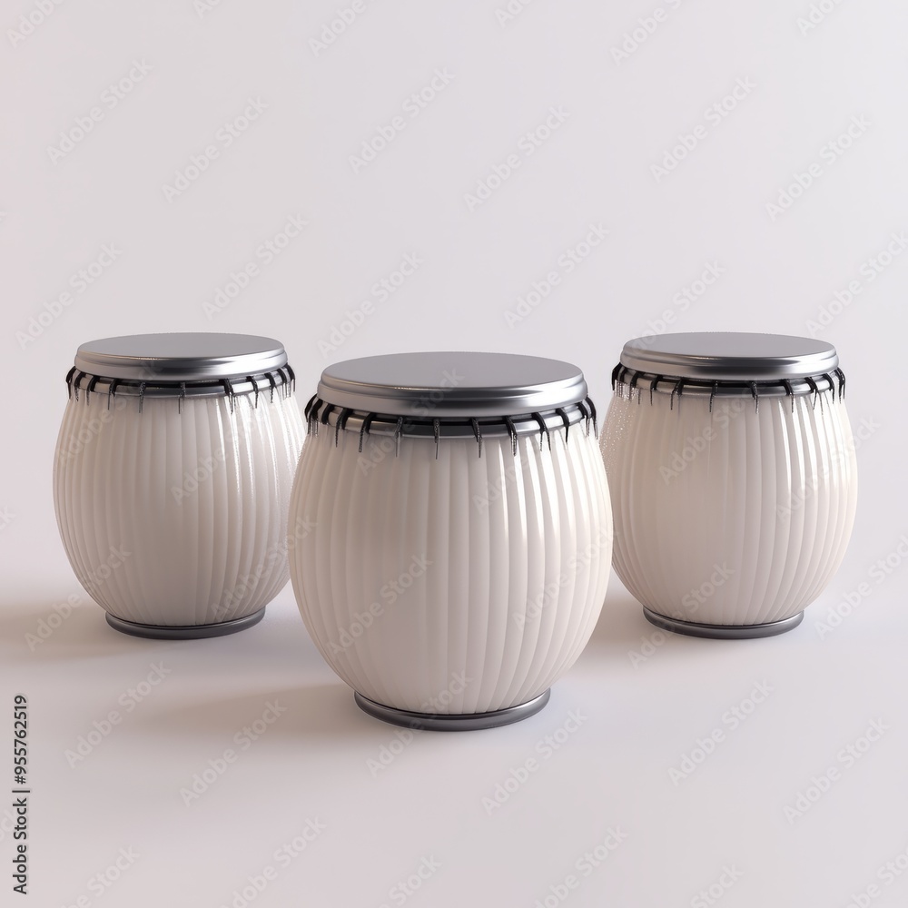 Cute Pastel Silver Bongos: Minimalistic 3D Render on White Background