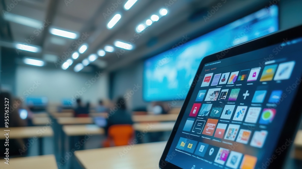 School technology like tablets and smartboards in use, modern style, sharp focus, bright lighting, high detail