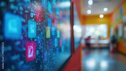 School technology like tablets and smartboards in use, modern style, sharp focus, bright lighting, high detail