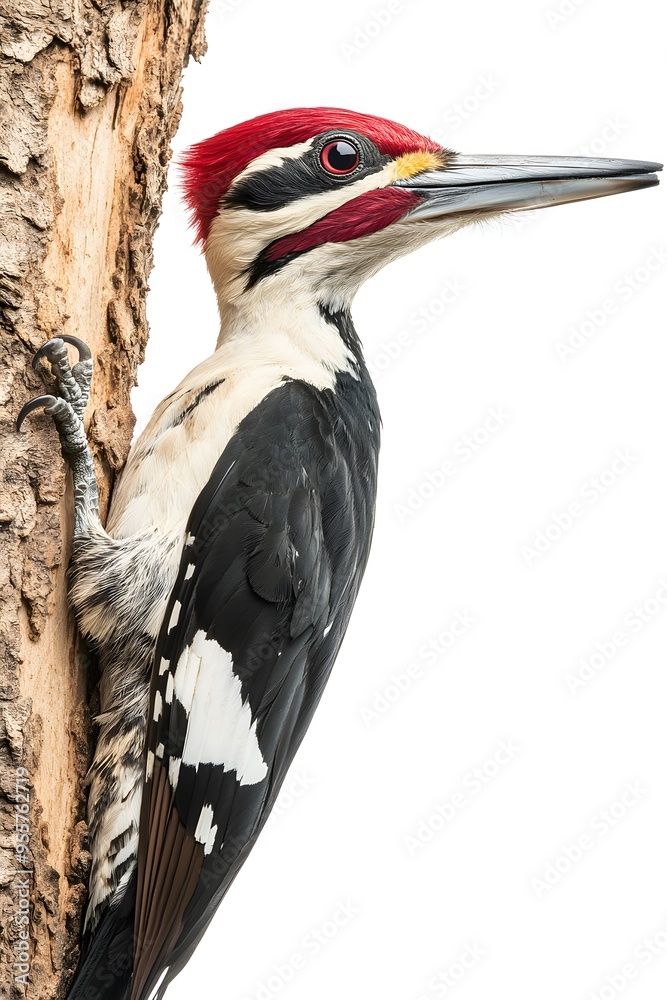 Fototapeta premium Ivory Woodpecker Perched on a Branch with White Background, Wallpaper, Cover and Screen for Smartphone, PC, Laptop, 9:16 and 16:9 Format