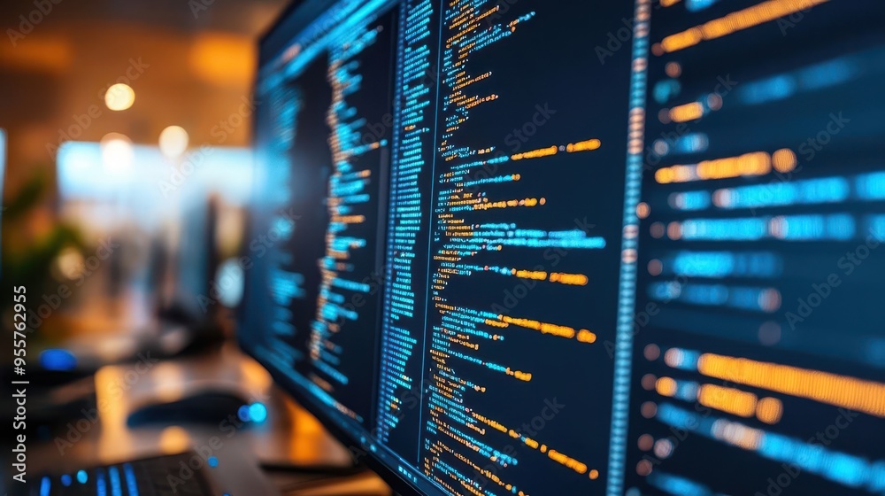 Software coding displayed on multiple screens, tech-savvy style, sharp focus, high detail, bright lighting Software coding displayed on multiple screens, tech-savvy style, sharp focus, high detail, bright lighting