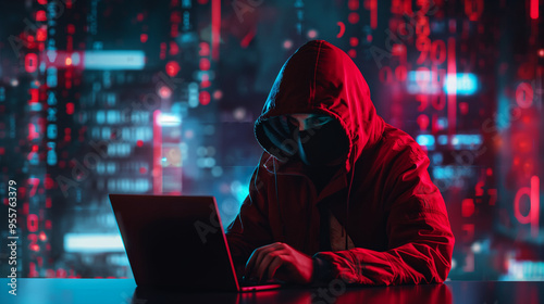 A hooded figure with a concealed face, surrounded by glowing lines of code and digital encryption, representing cyber-security threats in a dark, tech-infused ... See More 