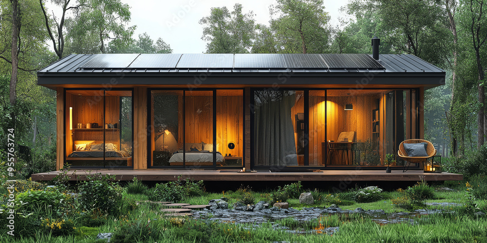 A modern, wood-paneled cabin with large windows, nestled in a forest setting. The home features a solar panel roof and warm, inviting interior lighting. A modern, wood-paneled cabin with large windows, nestled in a forest setting. The home features a solar panel roof and warm, inviting interior lighting.