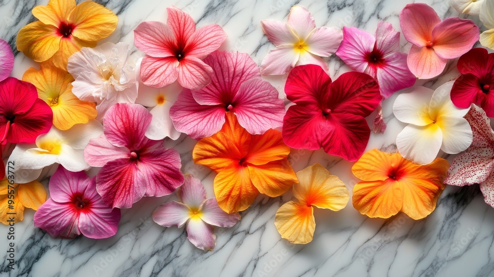 A Collection of Colorful Flowers on a Marble Surface A Collection of Colorful Flowers on a Marble Surface