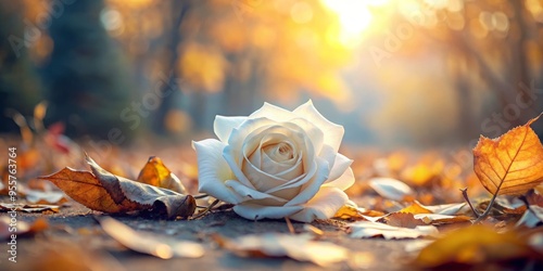 Solitary, Snow-white rose standing graciously amidst a bed of autumn leaves, soft, diffused light, melancholic mood, captured from a worm's-eye view, a realistic photo image. photo