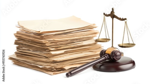 A stack of legal documents is displayed next to a gavel and scales of justice, representing the legal profession and its processes photo