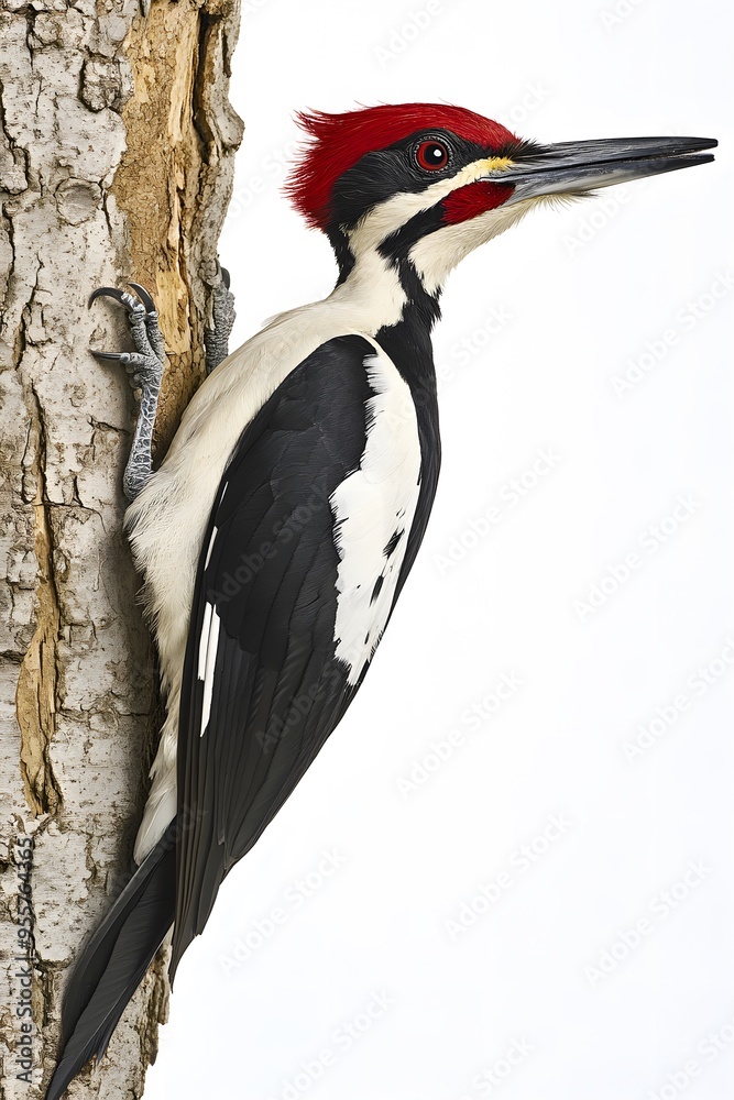 Fototapeta premium Ivory Woodpecker Perched on a Tree with White Background, Wallpaper, Cover and Screen for Smartphone, PC, Laptop, 9:16 and 16:9 Format