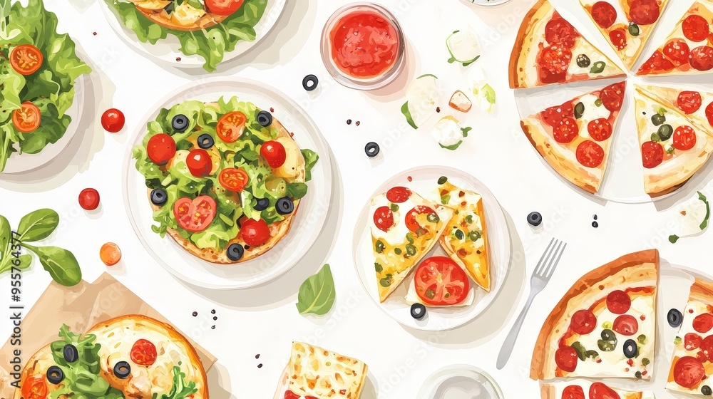 Modern Geometric Food Composition from Above - Food Items with Symmetrical Shapes like Salads, Sandwiches, and Pizza Slices in Vibrant 16:9 Image Modern Geometric Food Composition from Above - Food Items with Symmetrical Shapes like Salads, Sandwiches, and Pizza Slices in Vibrant 16:9 Image