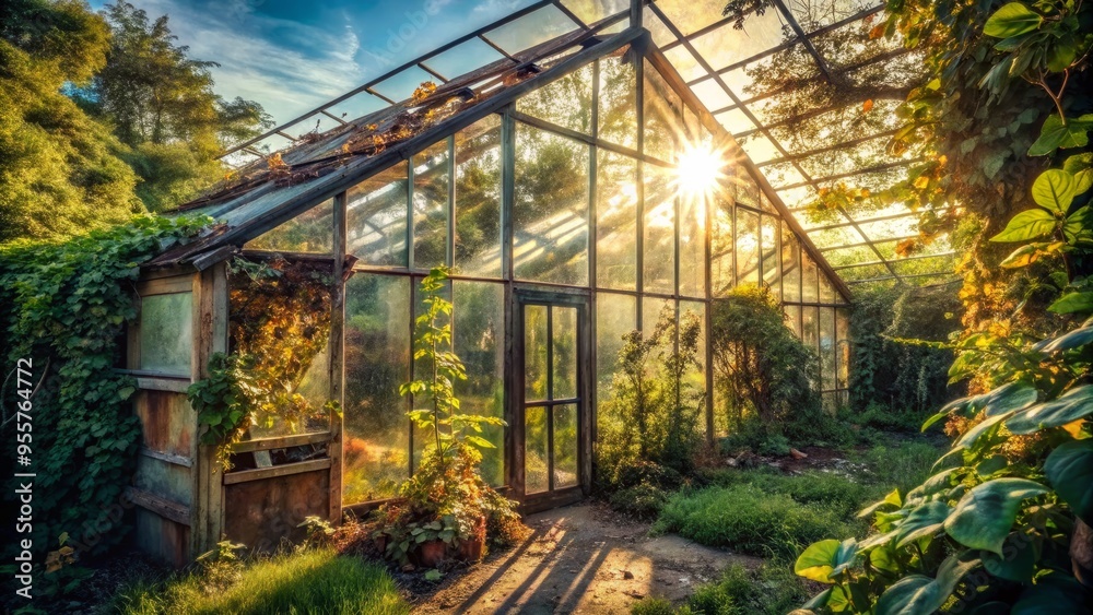Overgrown abandoned greenhouse on a sunny day, with shattered glass and vines crawling up the walls, 45-degree angle, soft natural light, serene mood, a realistic photo image. Overgrown abandoned greenhouse on a sunny day, with shattered glass and vines crawling up the walls, 45-degree angle, soft natural light, serene mood, a realistic photo image.