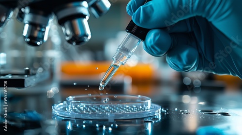 Scientist Dropping Liquid into Petri Dish with Microscope in Background