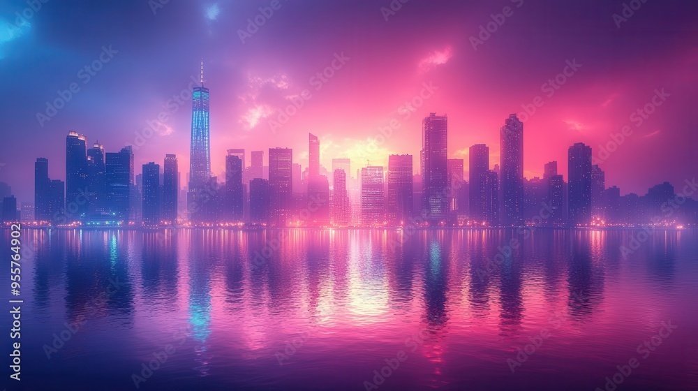 breathtaking cityscape at twilight skyscrapers silhouetted against gradient sky city lights beginning to twinkle reflecting in nearby body of water breathtaking cityscape at twilight skyscrapers silhouetted against gradient sky city lights beginning to twinkle reflecting in nearby body of water