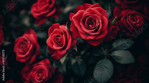 um buquê de rosas vermelhas. As rosas estão em plena floração, com suas pétalas firmemente enroladas e em camadas, criando uma aparência rica e vibrante. Entre as rosas, há algumas folhas verdes photo